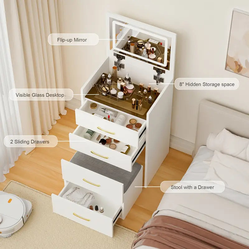 Montary 19.69" Wide 3 In 1 Dressing Table, Makeup Table With Adjustable Open Top Mirror, Storage Cabinet With 3 Drawers, Dressing Table With Stool