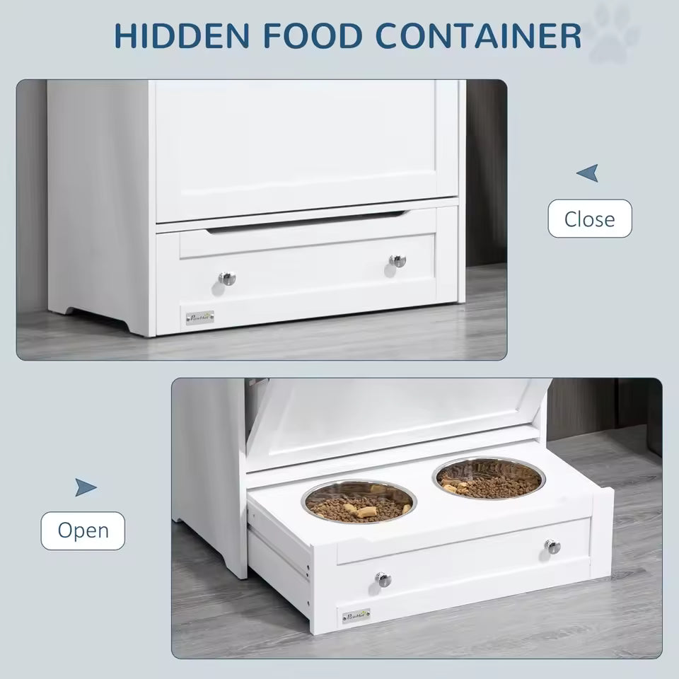Pet Feeder Station Storage Cabinet with Raised Bowls Hanger Dog Food Toys Leashes Easy Clean Pet Supplies Organizer