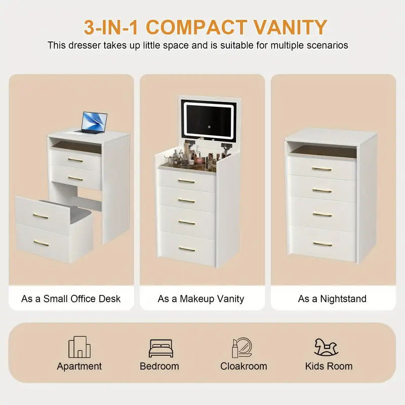 Montary 19.69" Wide 3 In 1 Dressing Table, Makeup Table With Adjustable Open Top Mirror, Storage Cabinet With 3 Drawers, Dressing Table With Stool
