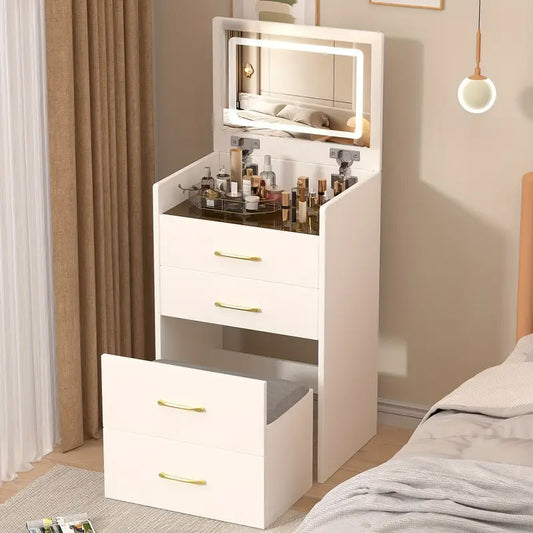Montary 19.69" Wide 3 In 1 Dressing Table, Makeup Table With Adjustable Open Top Mirror, Storage Cabinet With 3 Drawers, Dressing Table With Stool