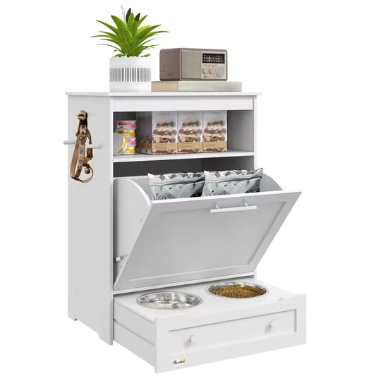 Pet Feeder Station Storage Cabinet with Raised Bowls Hanger Dog Food Toys Leashes Easy Clean Pet Supplies Organizer