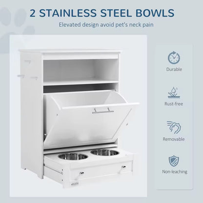 Pet Feeder Station Storage Cabinet with Raised Bowls Hanger Dog Food Toys Leashes Easy Clean Pet Supplies Organizer