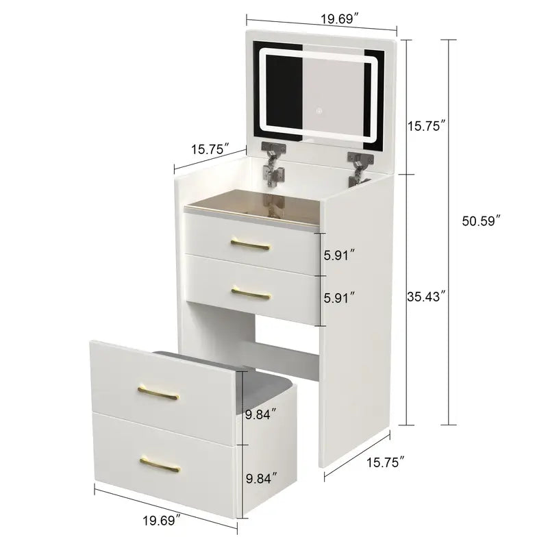 Montary 19.69" Wide 3 In 1 Dressing Table, Makeup Table With Adjustable Open Top Mirror, Storage Cabinet With 3 Drawers, Dressing Table With Stool
