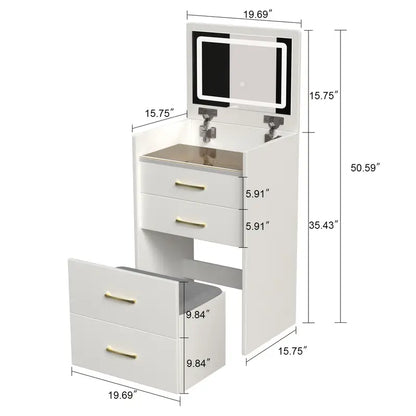 Montary 19.69" Wide 3 In 1 Dressing Table, Makeup Table With Adjustable Open Top Mirror, Storage Cabinet With 3 Drawers, Dressing Table With Stool
