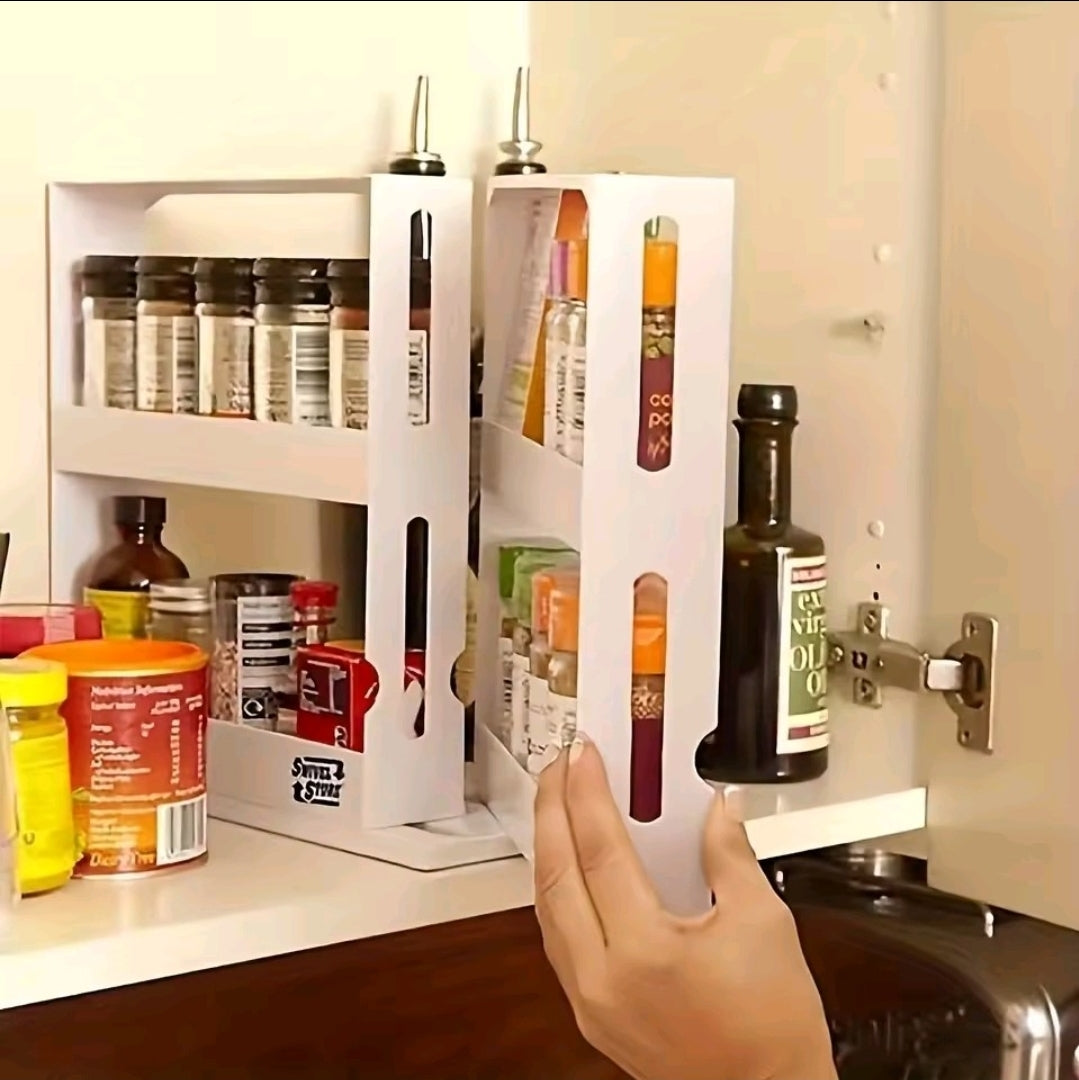 1 PC spice storage rack,90 degree swivel item storage rack, countertop 2 tier storage rack, small storage and organizer rack