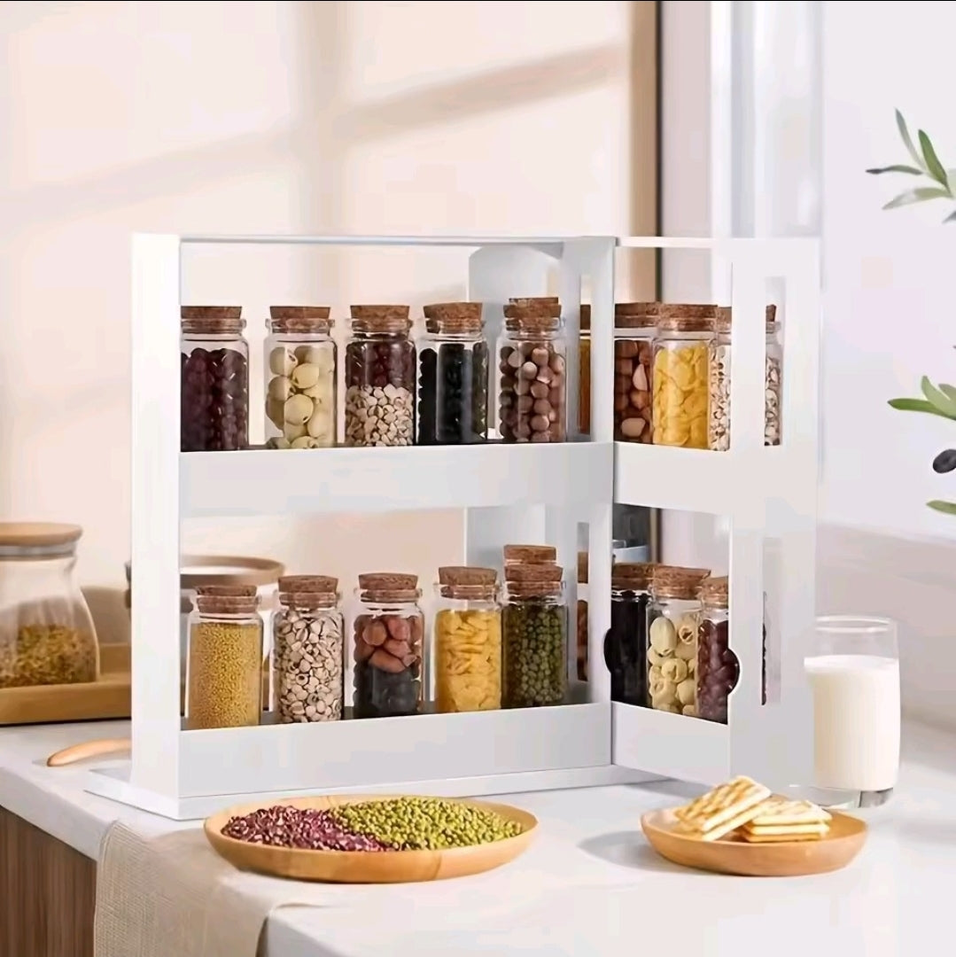 1 PC spice storage rack,90 degree swivel item storage rack, countertop 2 tier storage rack, small storage and organizer rack