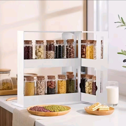 1 PC spice storage rack,90 degree swivel item storage rack, countertop 2 tier storage rack, small storage and organizer rack